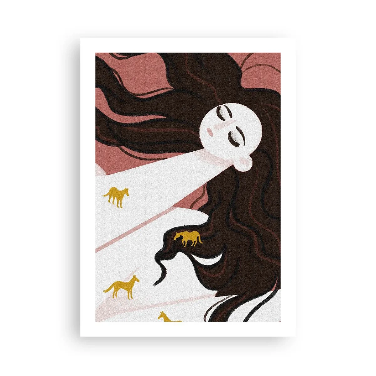 Poster - Una donna sognante con i capelli lunghi e i cavalli dorati - 50x70cm - Il sogno del cavallo d'oro - Decorazione murale moderna per soggiorno e camera da letto ARTTOR