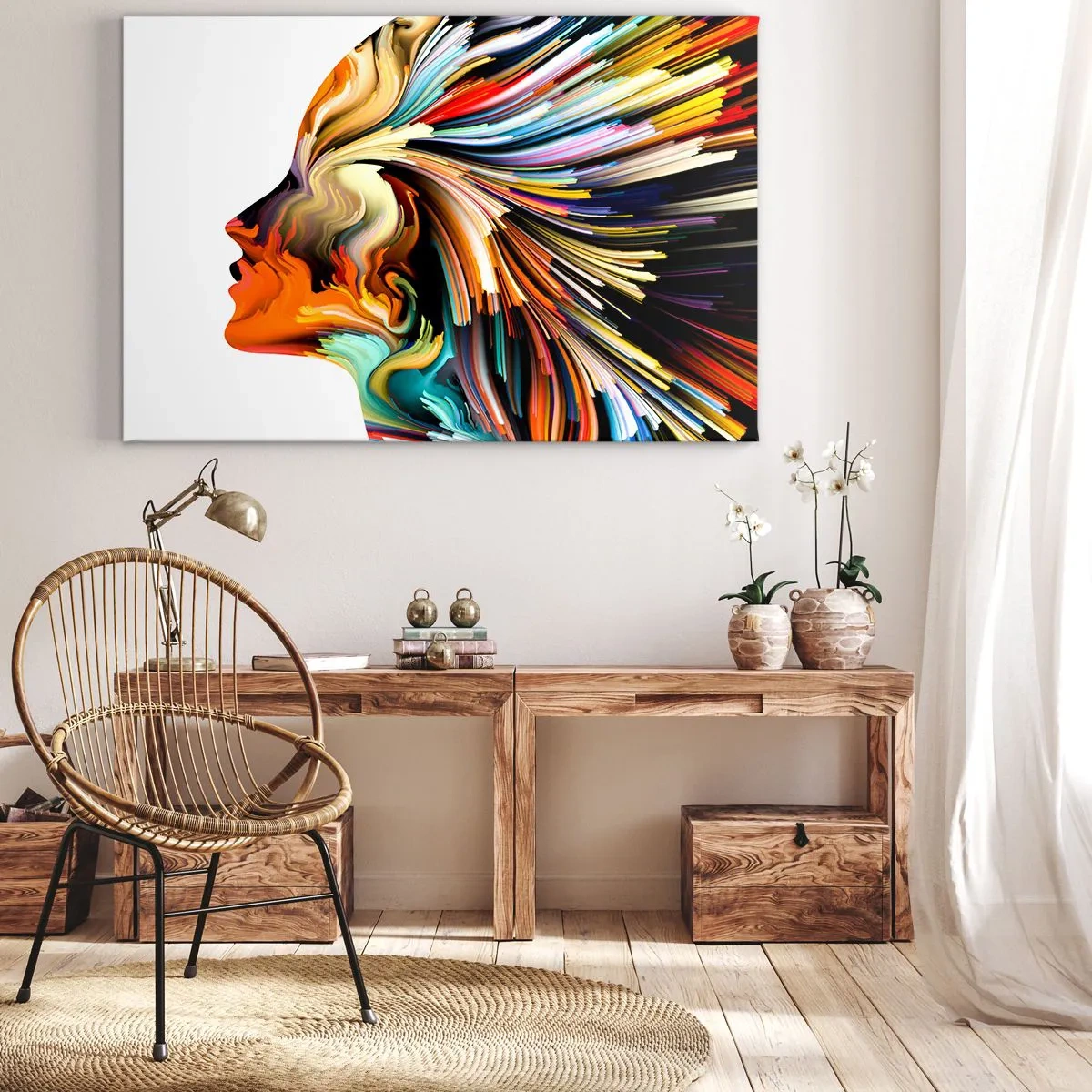 Quadro su tela - Stampe su Tela - Profilo astratto del viso con linee dinamiche colorate. - 100x70cm - Esplosione di fantasia - Decorazione murale moderna per soggiorno e camera da letto ARTTOR