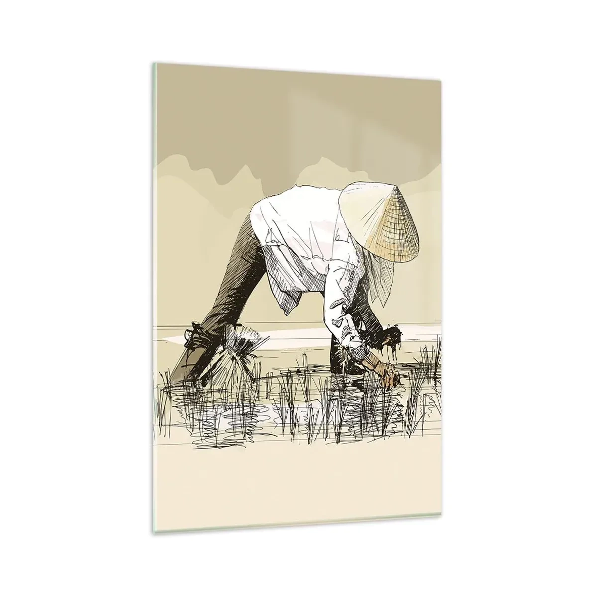 Quadro su vetro - Contadini che lavorano in una risaia indossando copricapi tradizionali - 80x120cm - Buon raccolto - Decorazione murale moderna per soggiorno e camera da letto ARTTOR