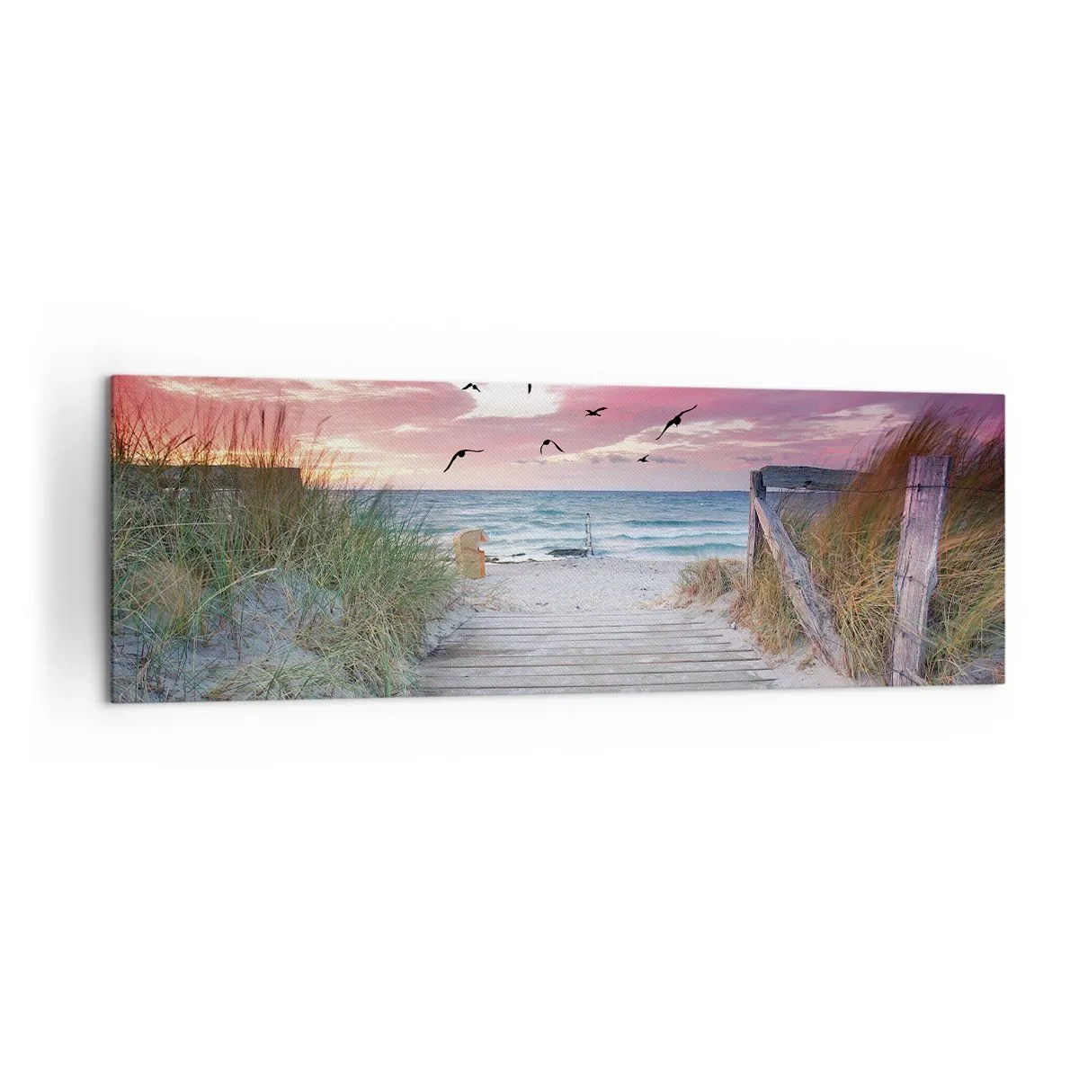 Quadro su tela - Stampe su Tela - Sentiero in legno sulla spiaggia al tramonto rosa - 160x50cm - Impressioni baltiche - Decorazione murale moderna per soggiorno e camera da letto ARTTOR