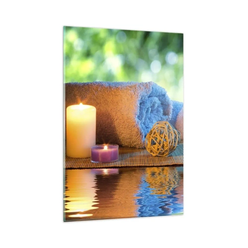 Quadro su vetro - Set SPA rilassante con asciugamani, candele e pietre - 80x120cm - Tempo per il corpo - Decorazione murale moderna per soggiorno e camera da letto ARTTOR