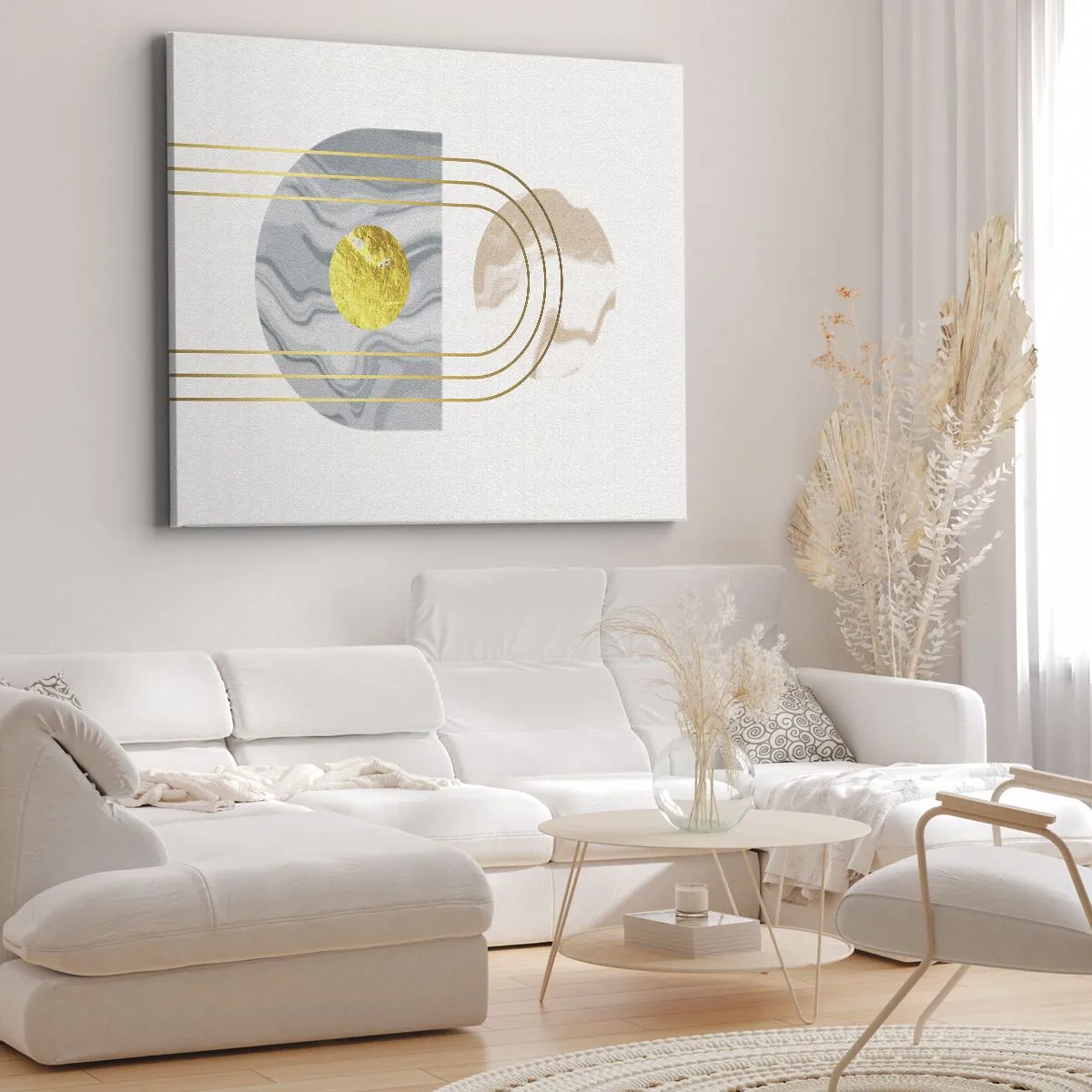 Quadro su tela - Stampe su Tela - Composizione astratta con cerchi e linee dorate su uno sfondo chiaro. - 70x50cm - Chiarezza e lucentezza - Decorazione murale moderna per soggiorno e camera da letto ARTTOR