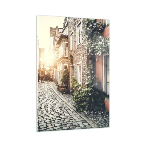 Quadro su vetro - Una strada affascinante con case popolari illuminate dal tramonto - 50x70cm - L'angolo delle rose nella luce rosata - Decorazione murale moderna per soggiorno e camera da letto ARTTOR