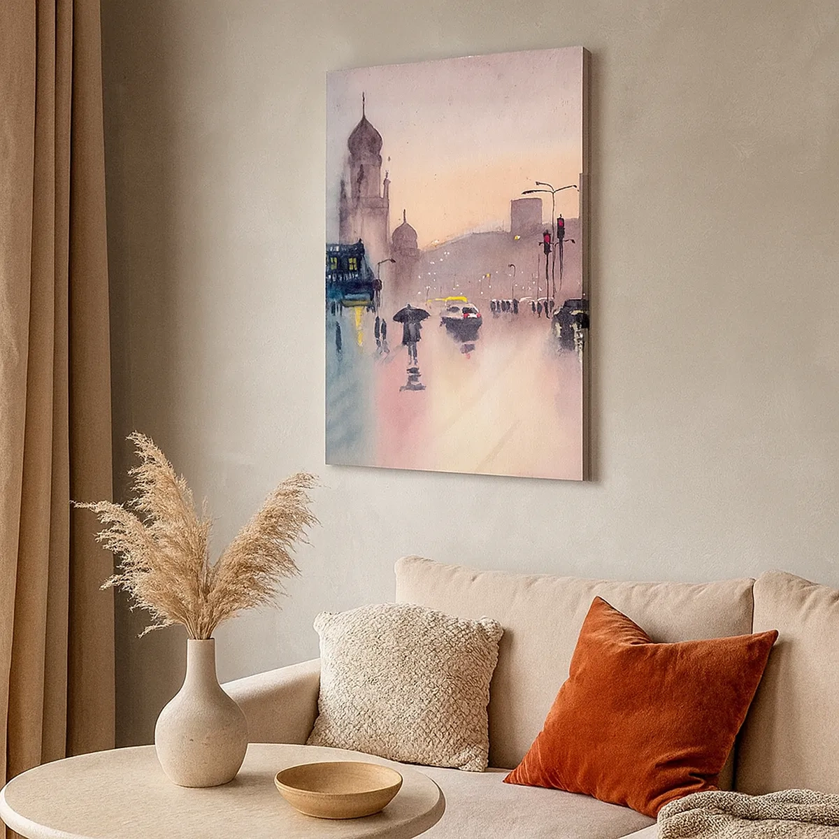 Quadro su tela - Stampe su Tela - Una strada cittadina al crepuscolo in stile acquerello - 50x70cm - Nella nebbia piovigginosa - Decorazione murale moderna per soggiorno e camera da letto ARTTOR
