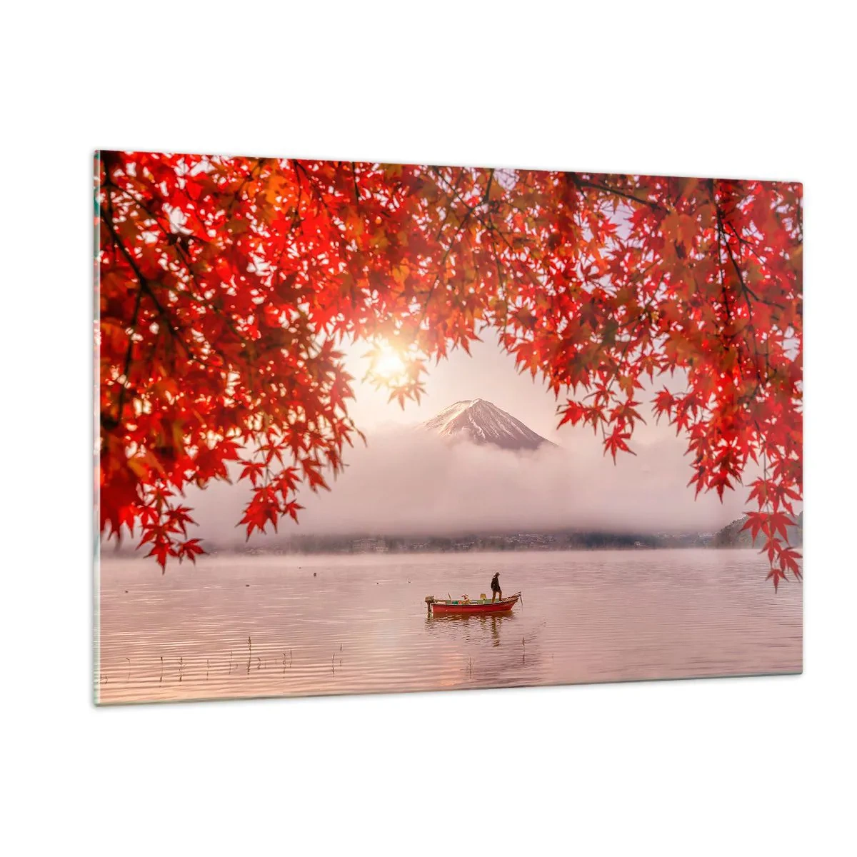 Quadro su vetro - Monte Fuji con una barca su un lago circondato da foglie rosse - 120x80cm - Nell'atmosfera del Giappone - Decorazione murale moderna per soggiorno e camera da letto ARTTOR