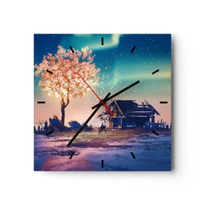 Orologio da parete - Orologio in Vetro - Una casa e un albero in fiore sotto il cielo notturno - 30x30cm - La natura non passa - Decorazione murale moderna per soggiorno e camera da letto ARTTOR