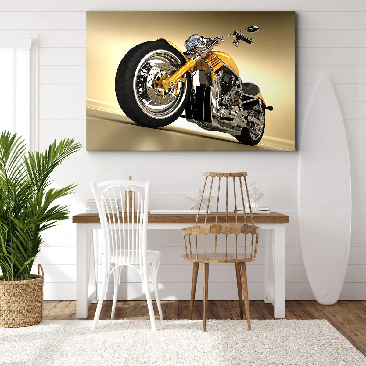 Quadro su tela - Stampe su Tela - Una motocicletta gialla in stile chopper contro un muro beige - 100x70cm - Sogno di forza e di velocità - Decorazione murale moderna per soggiorno e camera da letto ARTTOR