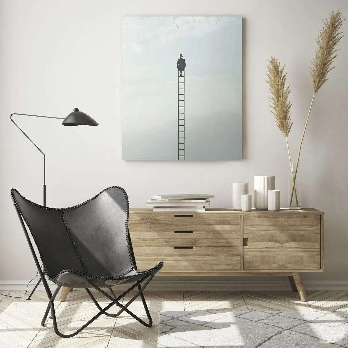 Quadro su vetro - Un uomo su una scala che sale verso il cielo - 70x100cm - Innalzati al di sopra - Decorazione murale moderna per soggiorno e camera da letto ARTTOR