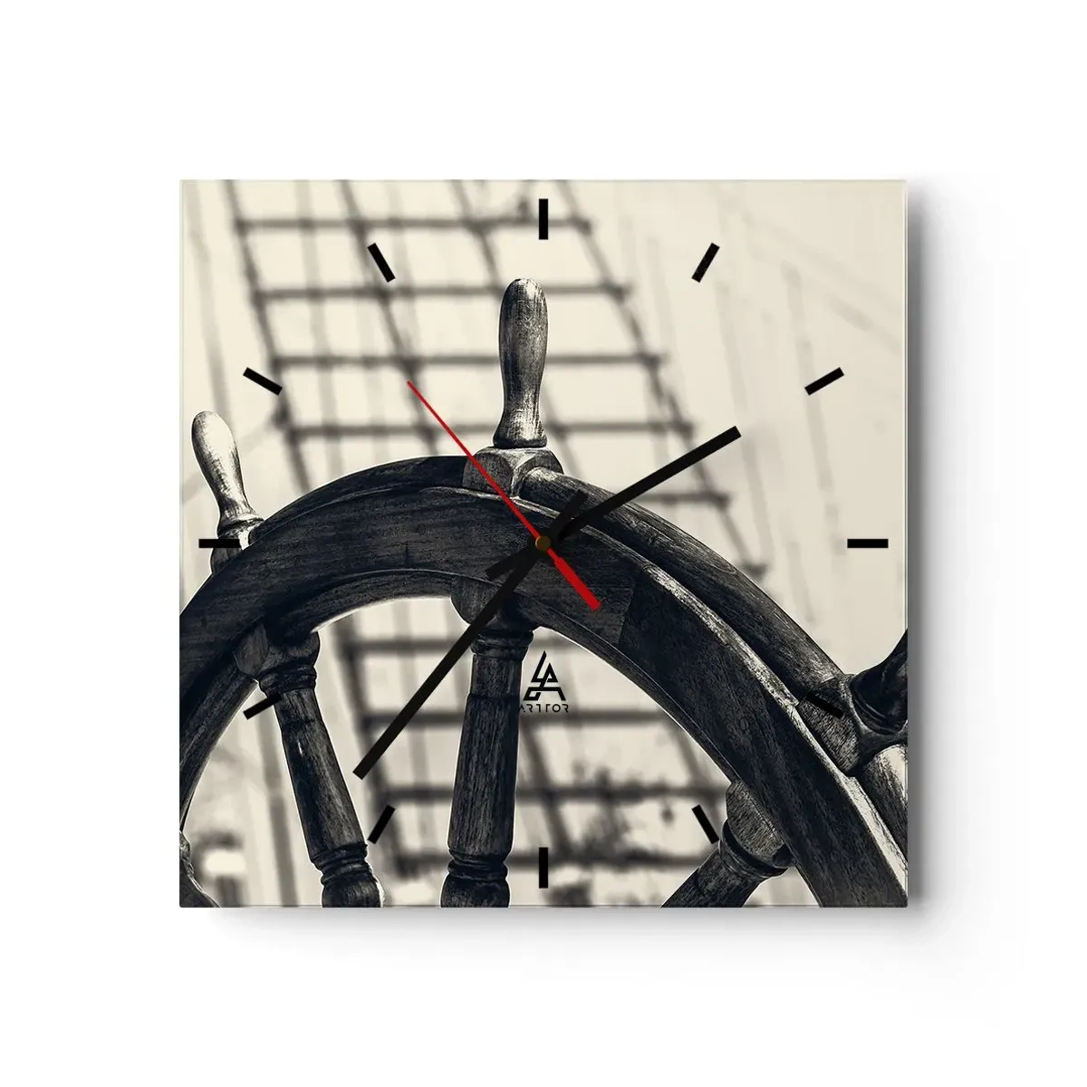Orologio da parete - Orologio in Vetro - Un timone a vela in stile retrò con una nave sullo sfondo - 30x30cm - Racconti del mare - Decorazione murale moderna per soggiorno e camera da letto ARTTOR