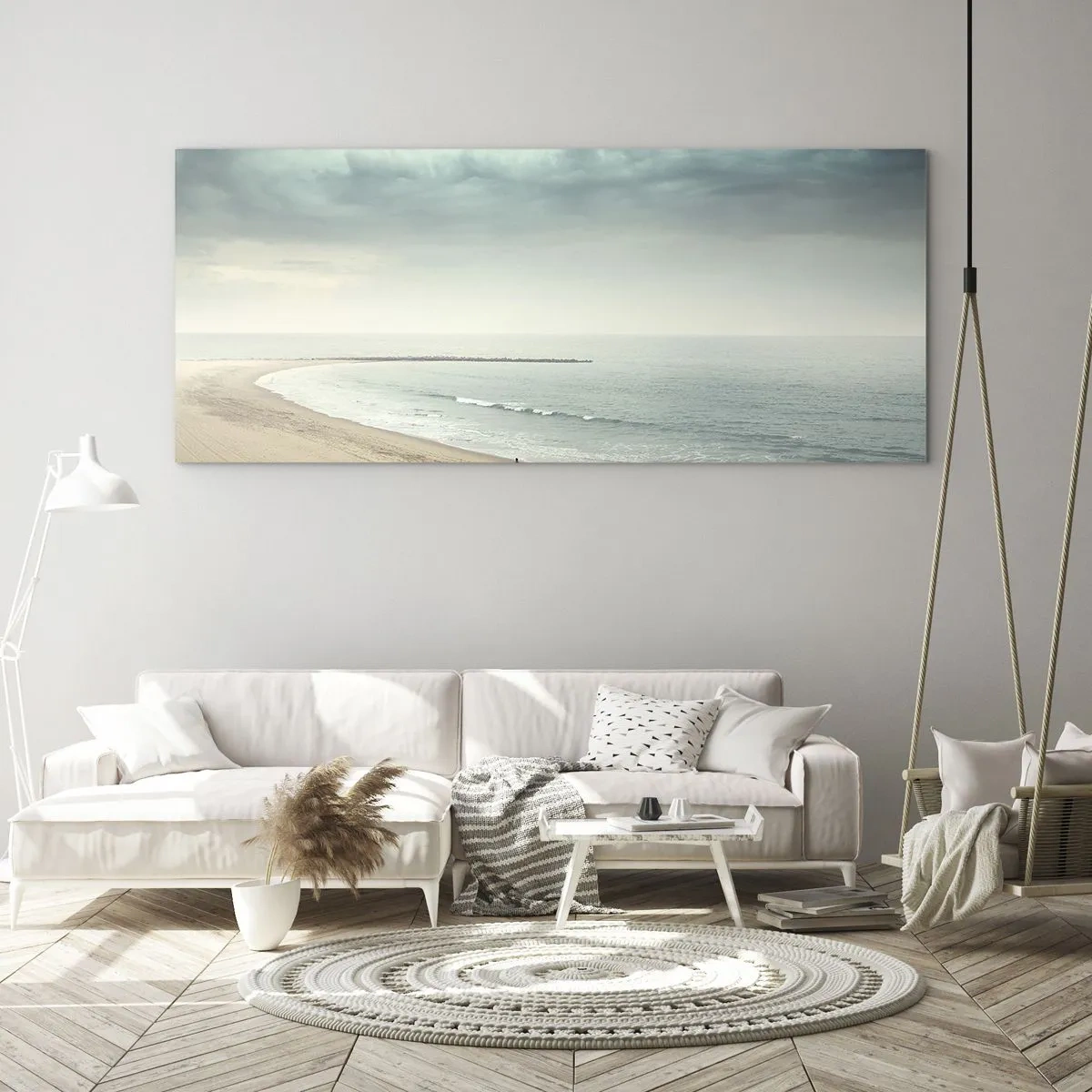 Quadro su vetro - Una figura solitaria su una spiaggia deserta in riva al mare calmo - 160x50cm - Cercando la pace - Decorazione murale moderna per soggiorno e camera da letto ARTTOR