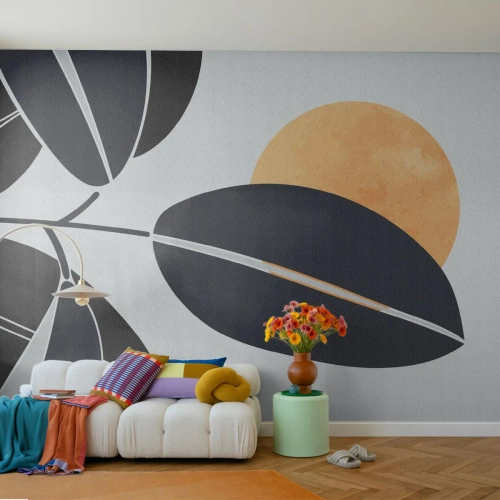 Fotomurali Premium Sand - Foglie astratte e sole arancione su uno sfondo chiaro - 100x70cm - Un giorno rovente d'estate - Decorazione murale moderna per soggiorno e camera da letto ARTTOR