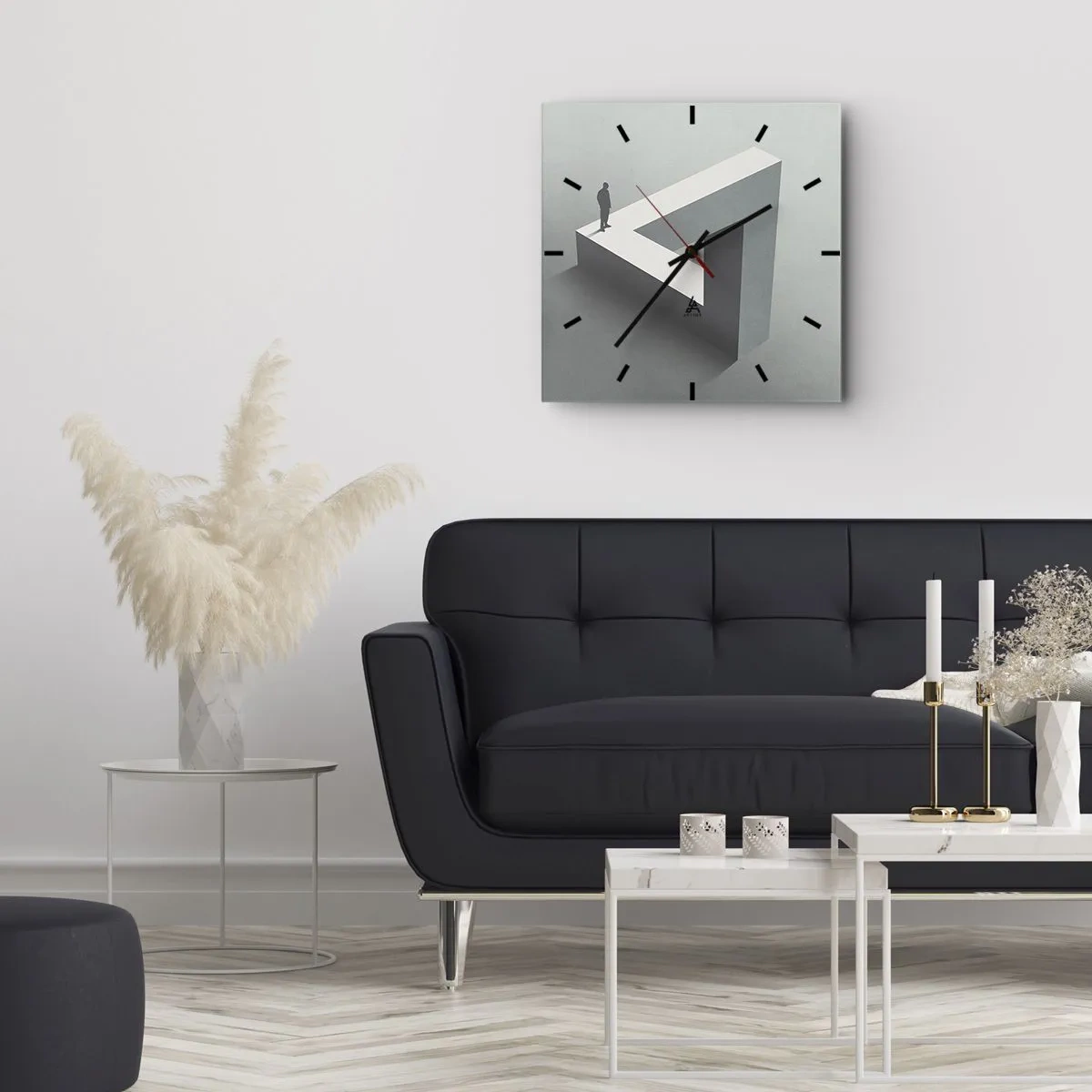 Orologio da parete - Orologio in Vetro - Una figura in piedi su un triangolo di Penrose in tonalità di grigio. - 30x30cm - Eppure è possibile - Decorazione murale moderna per soggiorno e camera da letto ARTTOR