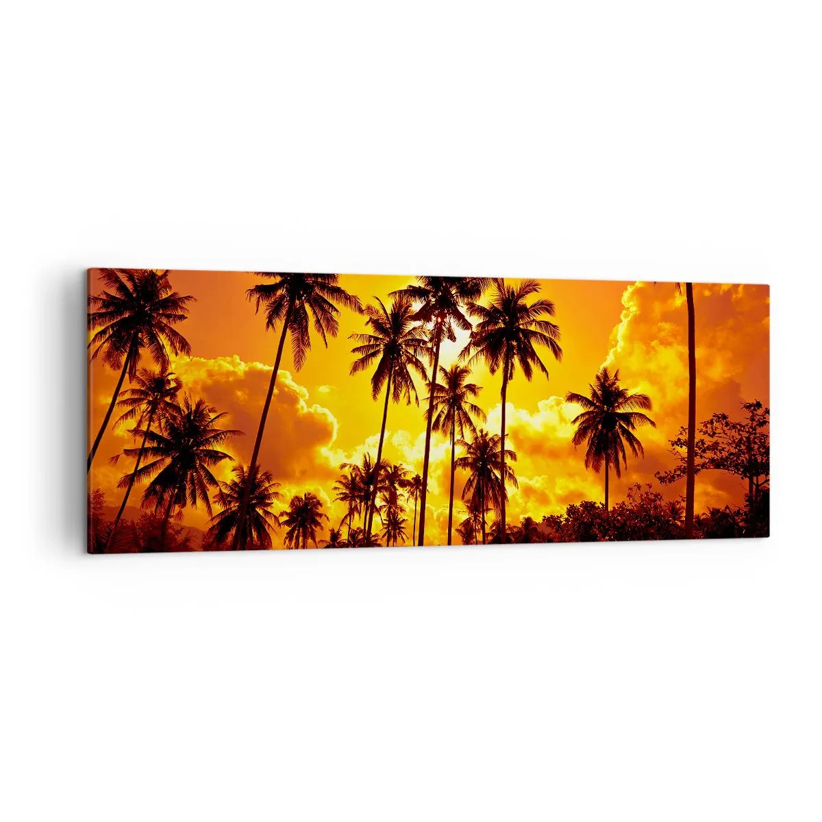 Quadro su tela - Stampe su Tela - Palme contro un cielo dorato durante un tramonto tropicale - 140x50cm - Bruciano i monti, bruciano i boschi - Decorazione murale moderna per soggiorno e camera da letto ARTTOR
