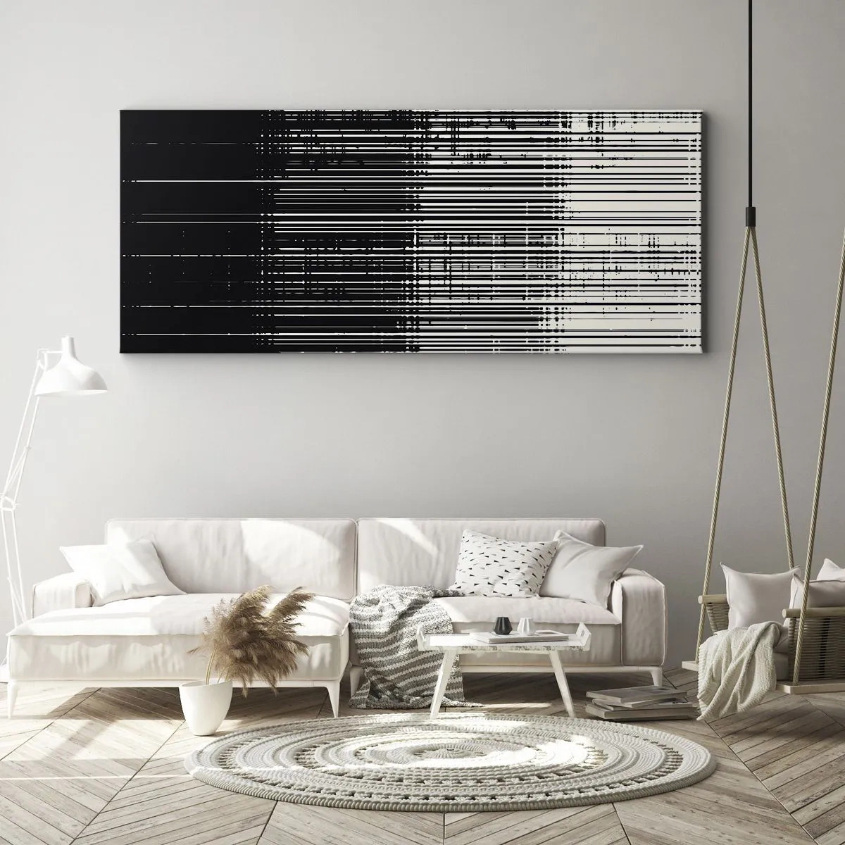 Quadro su tela - Stampe su Tela - Composizione astratta di linee in bianco e nero contrastanti - 160x50cm - Onde e vibrazioni - Decorazione murale moderna per soggiorno e camera da letto ARTTOR