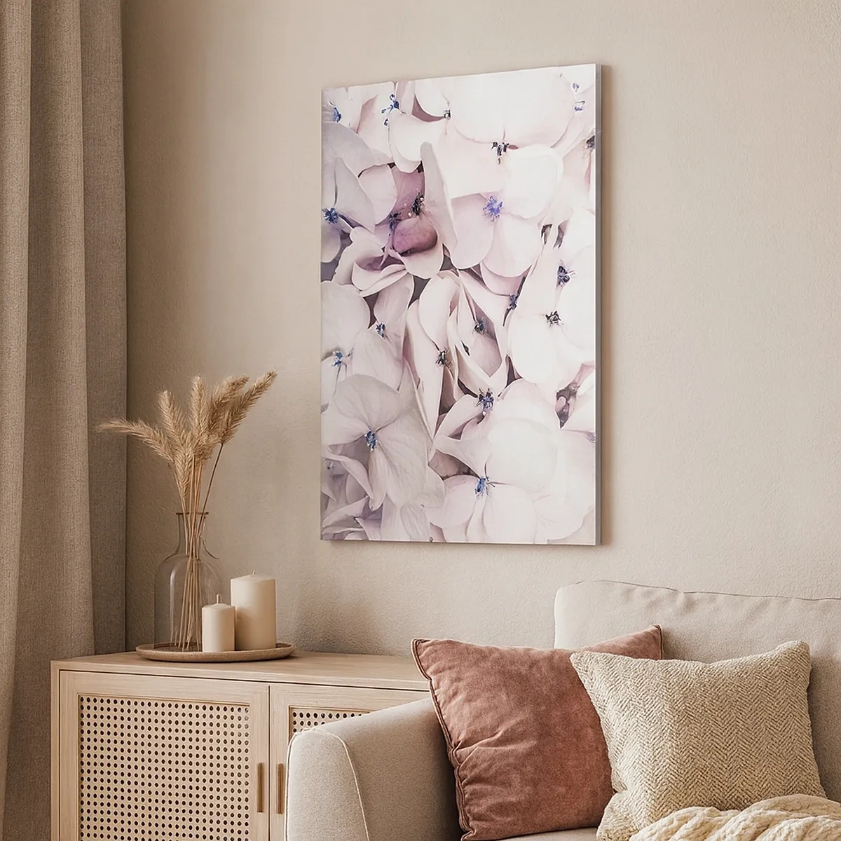 Quadro su tela - Stampe su Tela - Delicate ortensie bianche in tonalità pastello - 50x70cm - Un'alluvione di fiori - Decorazione murale moderna per soggiorno e camera da letto ARTTOR