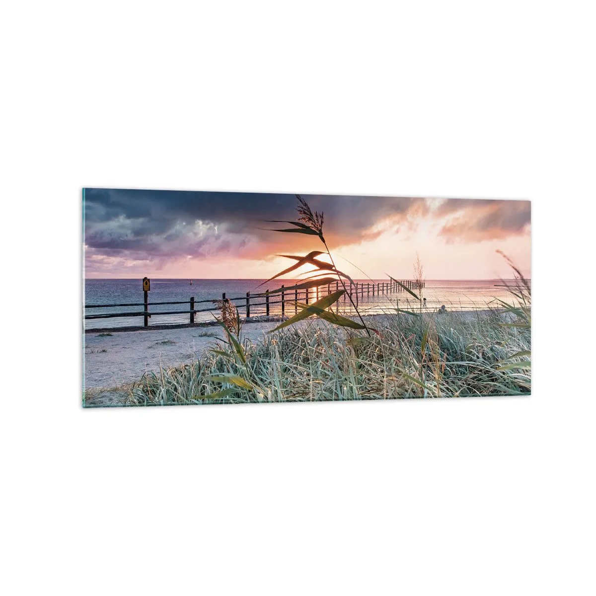 Quadro su vetro - Spiaggia al tramonto con erba in primo piano - 120x50cm - Non andrà via col vento - Decorazione murale moderna per soggiorno e camera da letto ARTTOR