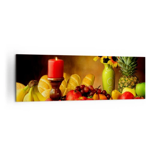 Quadro su tela - Stampe su Tela - Natura morta con frutta, pane, candela e fiori - 160x50cm - Natura morta con pane e frutta - Decorazione murale moderna per soggiorno e camera da letto ARTTOR