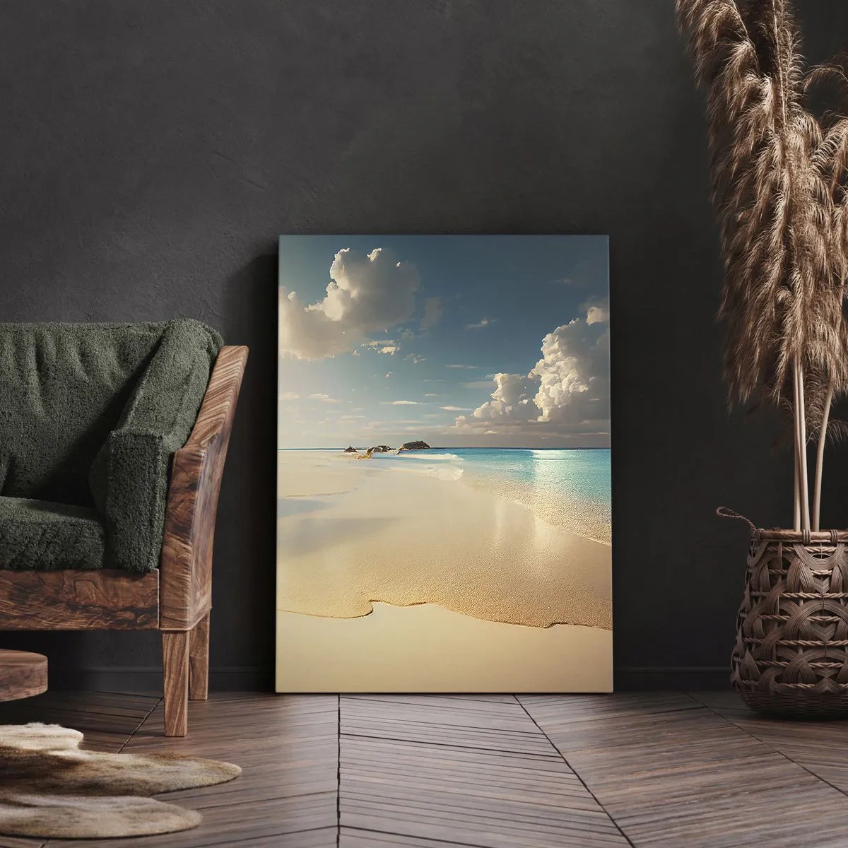 Quadro su tela - Stampe su Tela - Una spiaggia soleggiata con mare azzurro e rocce - 70x100cm - Giornata ideale - Decorazione murale moderna per soggiorno e camera da letto ARTTOR