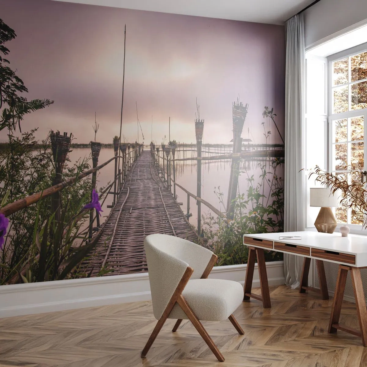 Fotomurali Premium Canvas - Ponte di bambù sull'acqua all'alba - 100x70cm - Pace e silenzio dell'Asia - Decorazione murale moderna per soggiorno e camera da letto ARTTOR