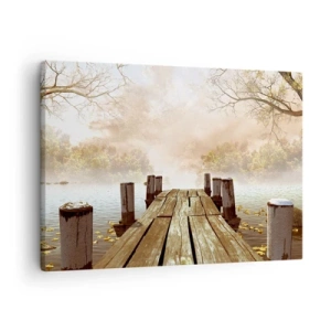 Quadro su tela - Stampe su Tela - Un molo di legno che conduce a un lago calmo nella nebbia mattutina - 70x50cm - La mite melanconia autunnale - Decorazione murale moderna per soggiorno e camera da letto ARTTOR