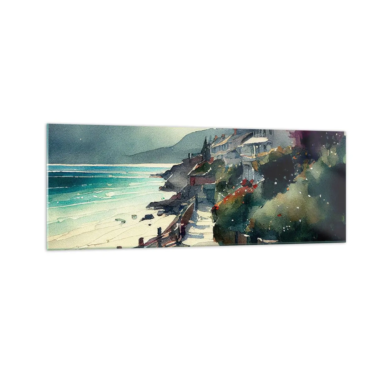 Quadro su vetro - Lungomare con case e vegetazione - 140x50cm - Cittadina mediterranea - Decorazione murale moderna per soggiorno e camera da letto ARTTOR