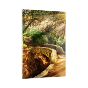 Quadro su vetro - Raggi di sole che illuminano il ponte e il sentiero nella foresta - 50x70cm - Dal ponte direttamente nel bosco delle fiabe - Decorazione murale moderna per soggiorno e camera da letto ARTTOR