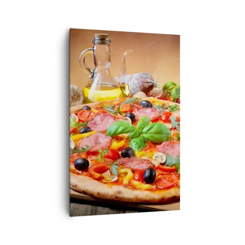 Quadro su tela - Stampe su Tela - Pizza appetitosa su un tavolo di legno con condimenti - 80x120cm - Con gusto veramente italiano - Decorazione murale moderna per soggiorno e camera da letto ARTTOR