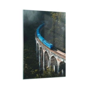 Quadro su vetro - Un treno blu su un viadotto storico tra le foreste - 70x100cm - Attrazione della natura - Decorazione murale moderna per soggiorno e camera da letto ARTTOR