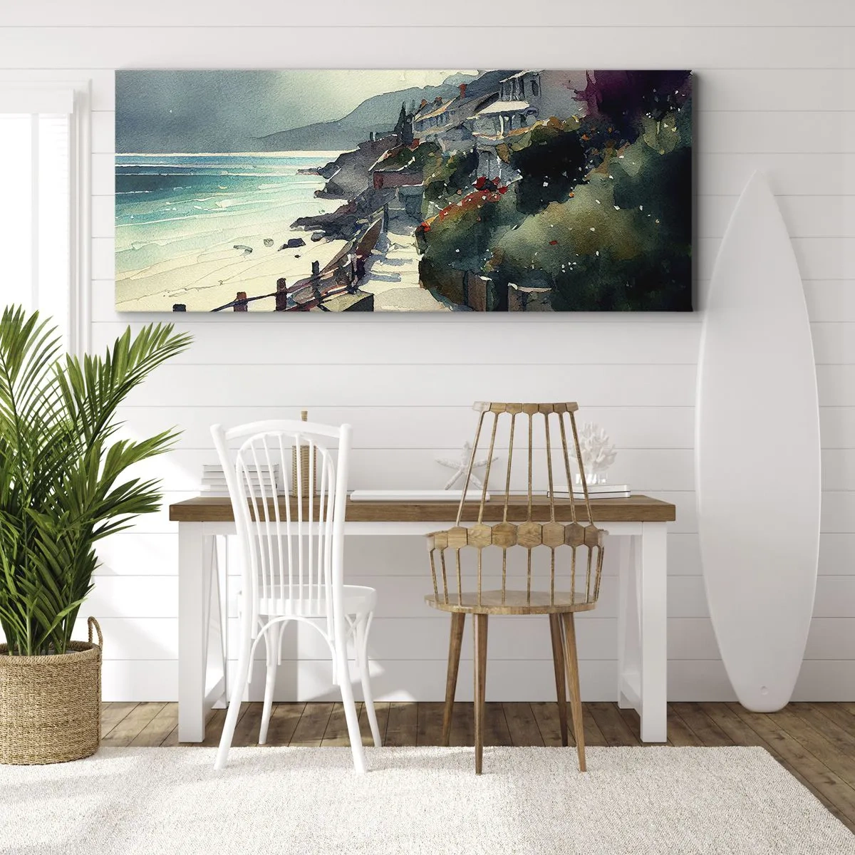 Quadro su tela - Stampe su Tela - Lungomare con case e vegetazione - 140x50cm - Cittadina mediterranea - Decorazione murale moderna per soggiorno e camera da letto ARTTOR