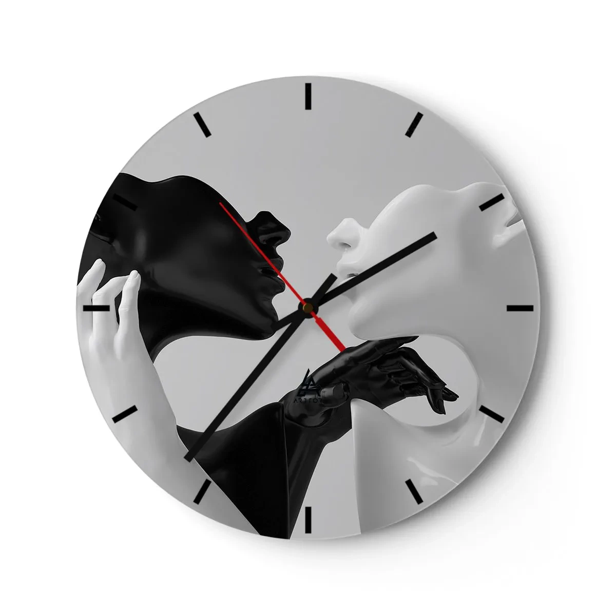 Orologio da parete - Orologio in Vetro - Un paio di volti e mani in bianco e nero in un primo piano. - 30x30cm - Desiderio - attrazione - Decorazione murale moderna per soggiorno, cucina e camera da letto ARTTOR