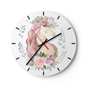 Orologio da parete - Orologio in Vetro - Testa di unicorno ad acquerello con corona di fiori - 30x30cm - Invito nel mondo delle favole - Decorazione murale moderna per soggiorno, cucina e camera da letto ARTTOR