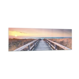 Quadro su vetro - Un molo di legno che conduce alla spiaggia al tramonto, con il cielo dipinto di colori pastello. - 160x50cm - Aurora serale baltica - Decorazione murale moderna per soggiorno e camera da letto ARTTOR