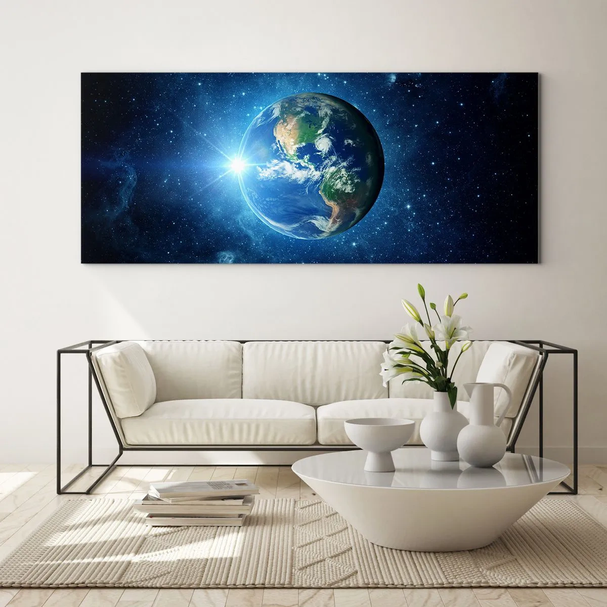 Quadro su vetro - La Terra nello spazio circondata da stelle e luce - 120x50cm - Siamo in cielo - Decorazione murale moderna per soggiorno e camera da letto ARTTOR