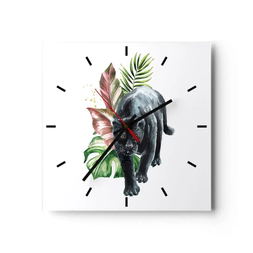 Orologio da parete - Orologio in Vetro - Pantera nera circondata da foglie tropicali - 30x30cm - Cuore selvaggio - Decorazione murale moderna per soggiorno e camera da letto ARTTOR