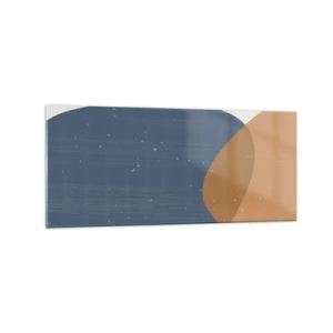Quadro su vetro - Una composizione geometrica minimalista nei toni del blu e dell'arancione. - 120x50cm - Ovali e influenze - Decorazione murale moderna per soggiorno e camera da letto ARTTOR