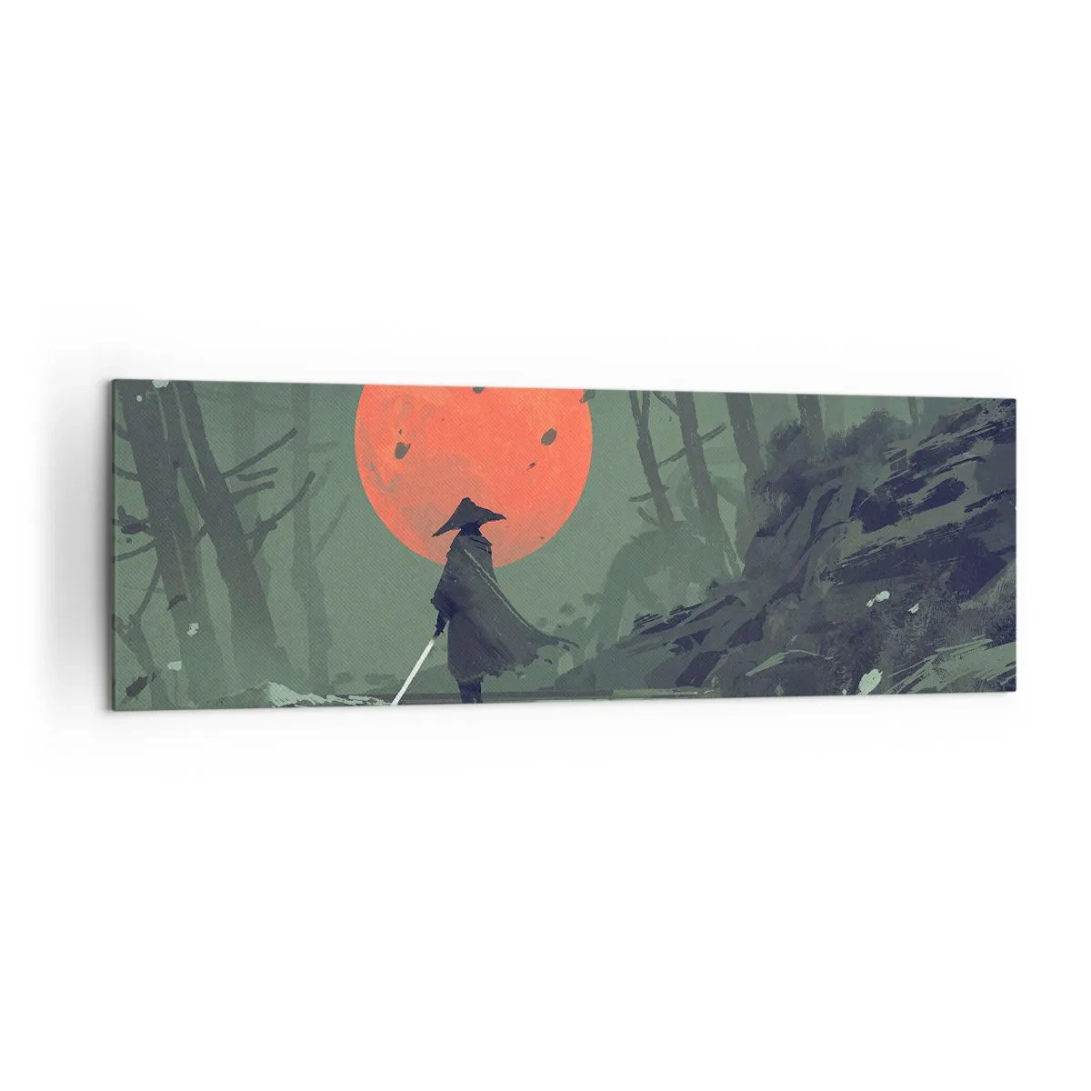 Quadro su tela - Stampe su Tela - Un guerriero solitario con una spada sullo sfondo di una luna rossa in una foresta oscura. - 160x50cm - Il guerriero della luna rossa - Decorazione murale moderna per soggiorno e camera da letto ARTTOR