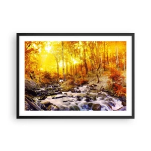Poster in cornice nera - Foresta autunnale con ruscello tra foglie dorate - 70x50cm - Pietre incorniciate in oro e platino - Decorazione murale moderna per soggiorno e camera da letto ARTTOR