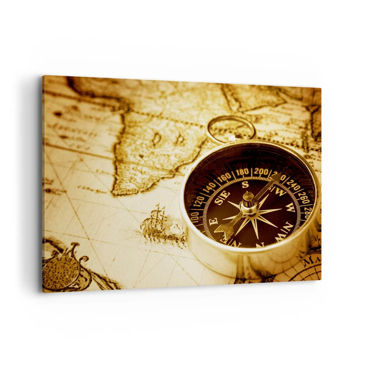Quadro su tela - Stampe su Tela - Una bussola antica sullo sfondo di una vecchia mappa del mondo - 100x70cm - A est o a ovest? - Decorazione murale moderna per soggiorno e camera da letto ARTTOR