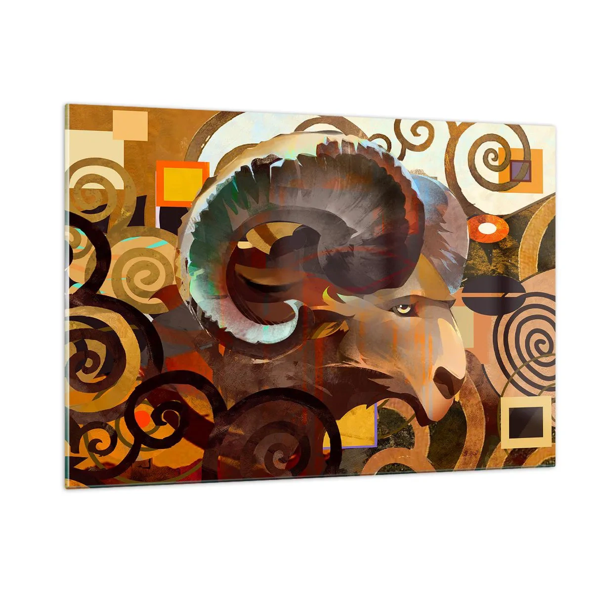 Quadro su vetro - Un'immagine artistica di un ariete in una composizione geometrica e a spirale. - 120x80cm - Magie - religioni - riti - Decorazione murale moderna per soggiorno e camera da letto ARTTOR