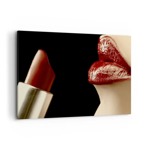 Quadro su tela - Stampe su Tela - Labbra rosse e rossetto su sfondo nero - 100x70cm - Sensualità e splendore del carminio - Decorazione murale moderna per soggiorno e camera da letto ARTTOR