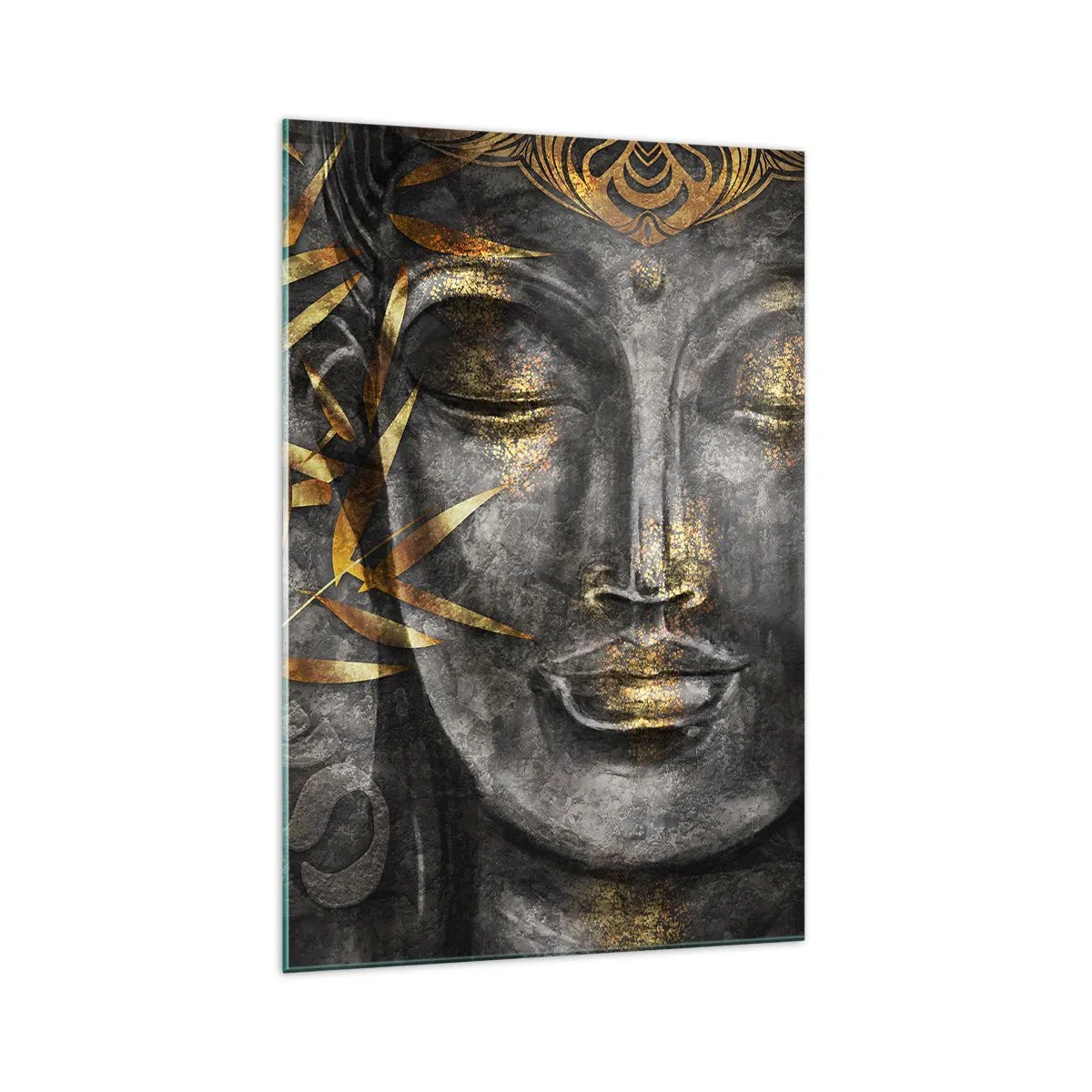 Quadro su vetro - Immagine del Buddha Zen con bambù dorati - 70x100cm - Senti la pace - Decorazione murale moderna per soggiorno e camera da letto ARTTOR