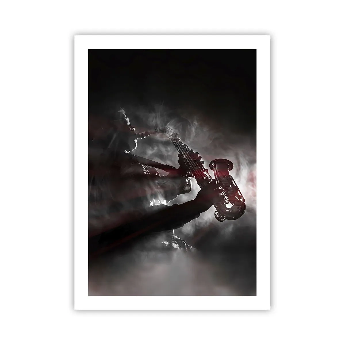 Poster - La forte silhouette del sassofonista in un'atmosfera jazz - 50x70cm - Nei fumi del jazz - Decorazione murale moderna per soggiorno e camera da letto ARTTOR