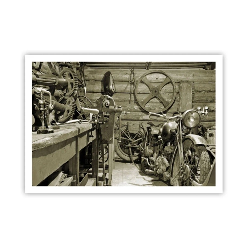 Poster - Officina retrò con motociclette e attrezzi - 100x70cm - Nel capanno di zio Alfredo - Decorazione murale moderna per soggiorno e camera da letto ARTTOR