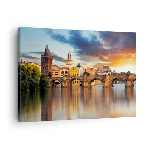 Quadro su tela - Stampe su Tela - Lo storico ponte sul fiume alla luce del tramonto - 70x50cm - Bella da secoli - Decorazione murale moderna per soggiorno e camera da letto ARTTOR