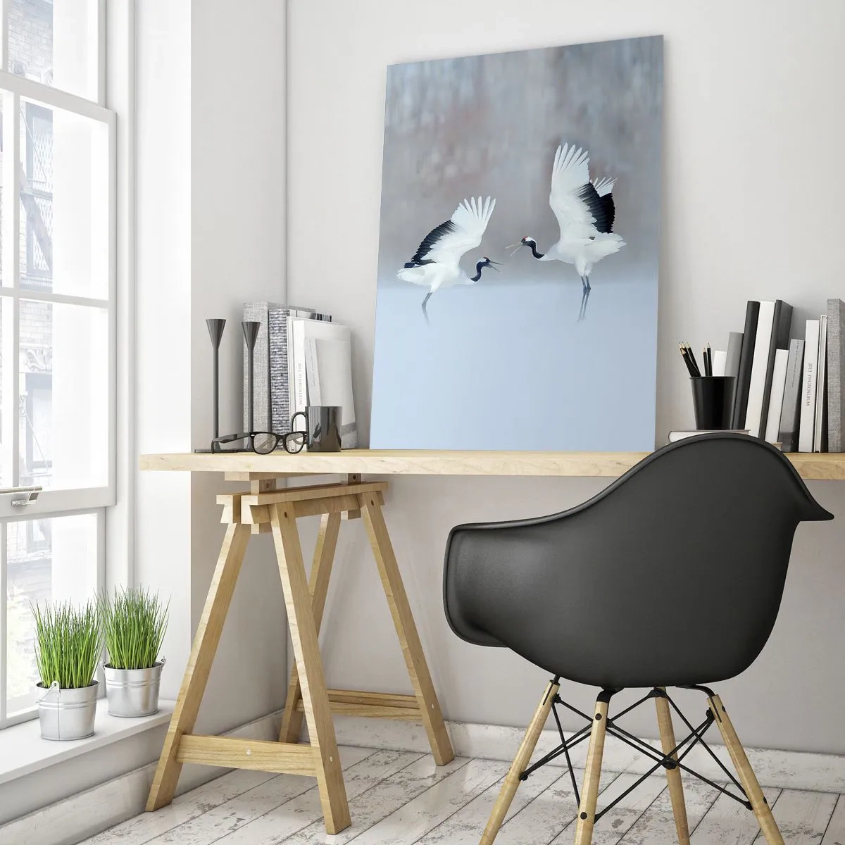 Quadro su vetro - Due gru che danzano in un paesaggio nebbioso - 70x100cm - Danza nella nebbia - Decorazione murale moderna per soggiorno e camera da letto ARTTOR