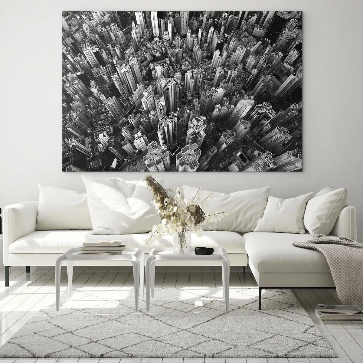Quadro su vetro - Vista aerea della città in bianco e nero - 70x50cm - Ancora più in alto - Decorazione murale moderna per soggiorno e camera da letto ARTTOR