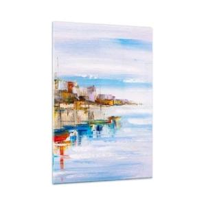 Quadro su vetro - Barche colorate sulla riva con vista sullo skyline della città - 80x120cm - Molo cittadino multicolore - Decorazione murale moderna per soggiorno e camera da letto ARTTOR