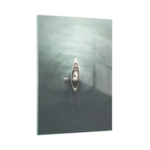 Quadro su vetro - Una barca solitaria alla deriva su un lago calmo e verdastro - 50x70cm - Nel lago al chiaro di luna - Decorazione murale moderna per soggiorno e camera da letto ARTTOR