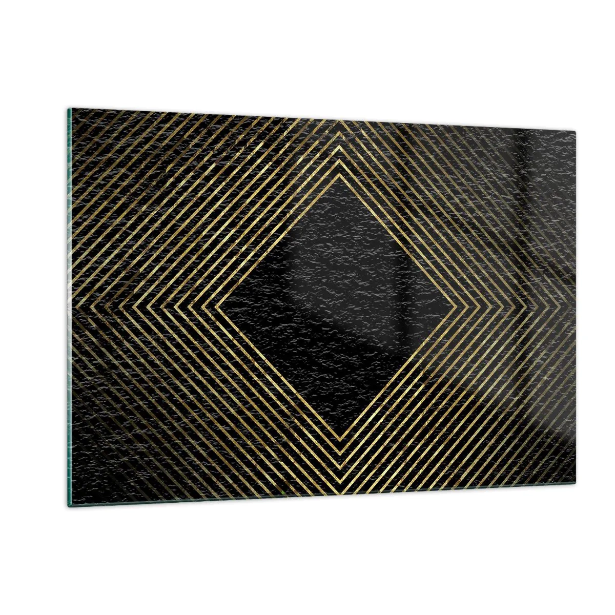 Quadro su vetro - Diamante in oro con linee geometriche su sfondo nero - 120x80cm - Geometria in stile glamour - Decorazione murale moderna per soggiorno e camera da letto ARTTOR