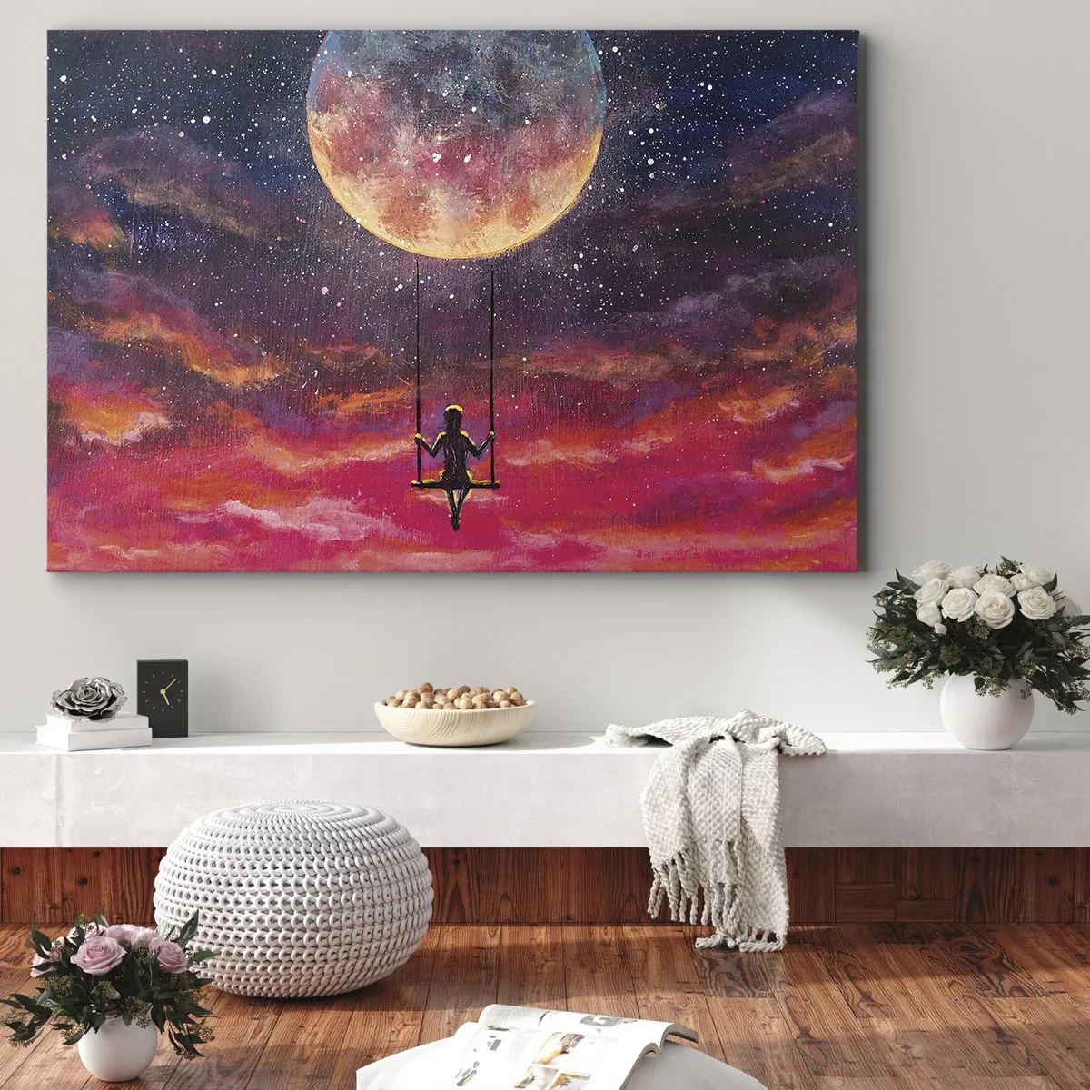Quadro su tela - Stampe su Tela - Una figura su un'altalena sospesa contro la luna - 120x80cm - Con la testa tra le nuvole - Decorazione murale moderna per soggiorno e camera da letto ARTTOR